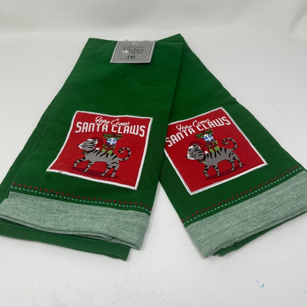 DII Christmas Kitchen Towels Santa Claws Green Embellished Holiday Decor Set